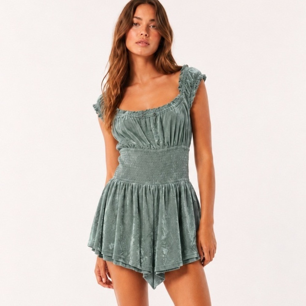 Urban Outfitters Out From Under Sage Green Crushed Velvet Smocked Romper